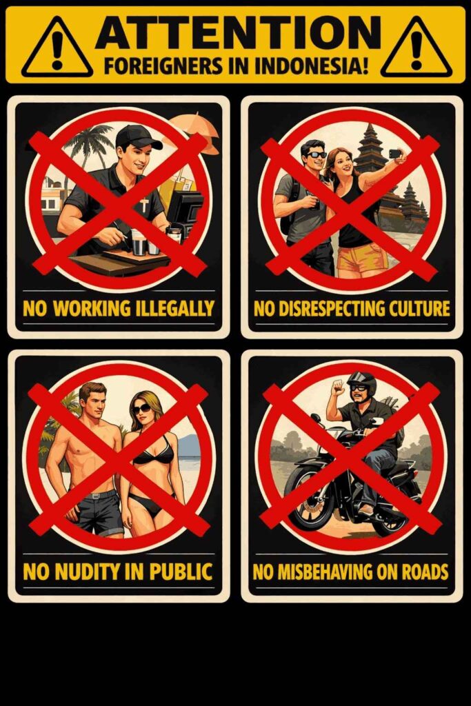 Warning-style graphics highlighting prohibited activities with clear visual "X" marks