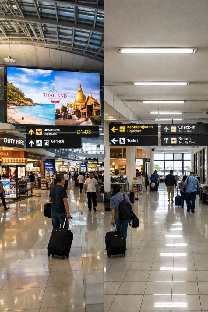 Airport infrastructure comparison showing extensive tourism advertising in Bangkok terminal versus minimal promotion in Indonesian regional airport