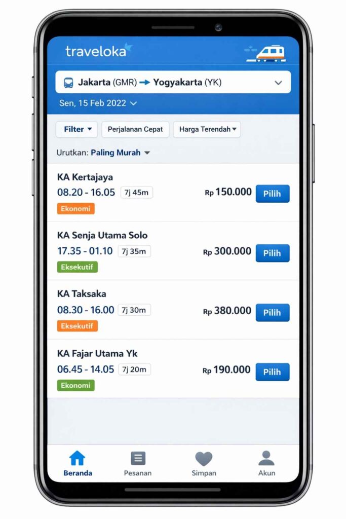 traveloka app interface showing booking a trip from Jakarta to Yogyakarta