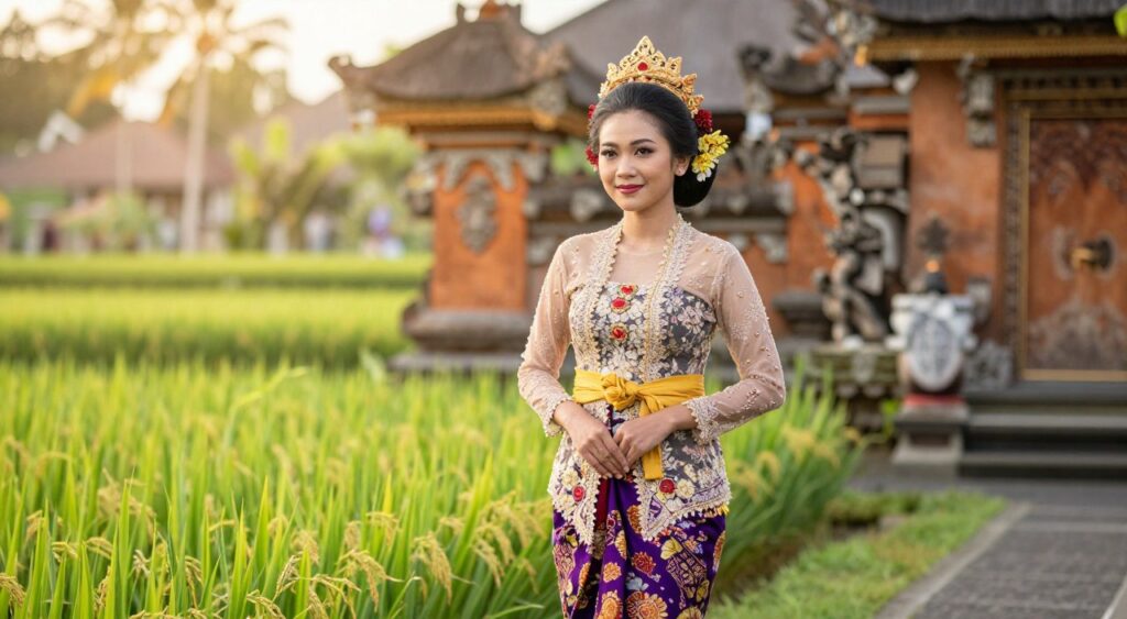 A beautiful, elegant Balinese woman wearing a traditional kebaya, intricately designed with vibrant colors and floral patterns, stands gracefully in the foreground. Her kebaya is complemented by a matching sarong, showcasing the rich textiles of Bali. In the middle ground, lush green rice paddies glisten under the warm, golden sunlight, symbolizing the agricultural heritage of the island. The background features ornate Balinese architecture with intricate carvings, evoking a sense of cultural depth and history. Use soft, natural lighting with a focus on the woman, captured from a slight angle to highlight the textures of her attire and the surrounding landscape. The mood is serene and festive, reflecting the cultural significance of Balinese attire during ceremonial occasions. A beautiful, elegant Balinese woman wearing a traditional kebaya, intricately designed with vibrant colors and floral patterns, stands gracefully in the foreground. Her kebaya is complemented by a matching sarong, showcasing the rich textiles of Bali. In the middle ground, lush green rice paddies glisten under the warm, golden sunlight, symbolizing the agricultural heritage of the island. The background features ornate Balinese architecture with intricate carvings, evoking a sense of cultural depth and history. Use soft, natural lighting with a focus on the woman, captured from a slight angle to highlight the textures of her attire and the surrounding landscape. The mood is serene and festive, reflecting the cultural significance of Balinese attire during ceremonial occasions.