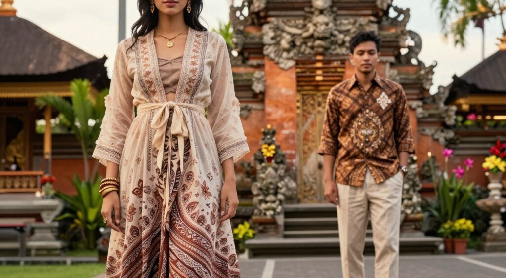A beautiful outdoor setting showcasing diverse temple appropriate outfits styled for a chic Bali aesthetic. In the foreground, a model wears a delicate, flowing midi dress with intricate Balinese patterns in earthy tones, paired with tasteful accessories that reflect local artistry. The middle ground features a second model in tailored, light linen trousers and a traditional batik shirt, both exuding elegance and comfort. Tropical greenery frames the scene, with vibrant flowers adding splashes of color. In the background, a traditional Balinese temple stands majestically, adorned with ornate carvings and bathed in soft, golden hour lighting. The image captures a serene, respectful atmosphere, ideal for illustrating outfit planning in culturally rich settings. The shot is a close-up with a slight depth-of-field effect, emphasizing the lush surroundings and elegant styling, presenting a polished, Instagram-ready aesthetic.