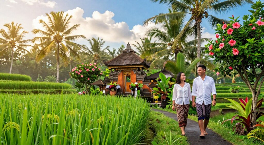 A beautiful scene depicting Bali in June, showcasing its tropical climate. In the foreground, vibrant green rice terraces are glistening with morning dew, while a modest, well-dressed couple strolls hand-in-hand along a narrow pathway, smiling and enjoying the lush surroundings. In the middle ground, a traditional Balinese temple is framed by blooming hibiscus flowers and palm trees swaying gently in the warm breeze. The background reveals a clear blue sky dotted with fluffy white clouds, hinting at the sunny weather typical for June. The warm sunlight casts a golden glow over the landscape, evoking a sense of serenity and anticipation for an unforgettable vacation experience. The atmosphere is inviting and refreshing, perfect for exploring Bali’s natural beauty. A beautiful scene depicting Bali in June, showcasing its tropical climate. In the foreground, vibrant green rice terraces are glistening with morning dew, while a modest, well-dressed couple strolls hand-in-hand along a narrow pathway, smiling and enjoying the lush surroundings. In the middle ground, a traditional Balinese temple is framed by blooming hibiscus flowers and palm trees swaying gently in the warm breeze. The background reveals a clear blue sky dotted with fluffy white clouds, hinting at the sunny weather typical for June. The warm sunlight casts a golden glow over the landscape, evoking a sense of serenity and anticipation for an unforgettable vacation experience. The atmosphere is inviting and refreshing, perfect for exploring Bali’s natural beauty.