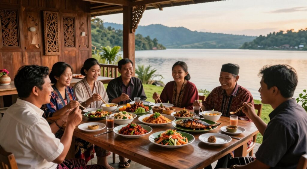 A beautifully arranged Batak cuisine dining experience set in a traditional wooden house beside Lake Toba. In the foreground, a rustic wooden table is adorned with colorful Batak dishes, including grilled fish, spicy sambal, and vibrant vegetable salads, all artfully presented. Surrounding the table, diverse individuals dressed in modest, colorful Batak traditional attire, smiling and sharing food, reflecting warmth and camaraderie. In the middle ground, the serene lake and lush hills frame the scene, with soft golden hour lighting enhancing the inviting atmosphere. The background features intricate Batak carvings on the wooden walls, adding cultural depth. Captured from a slightly elevated angle to provide a comprehensive view, this image evokes a sense of tradition, community, and culinary delight.