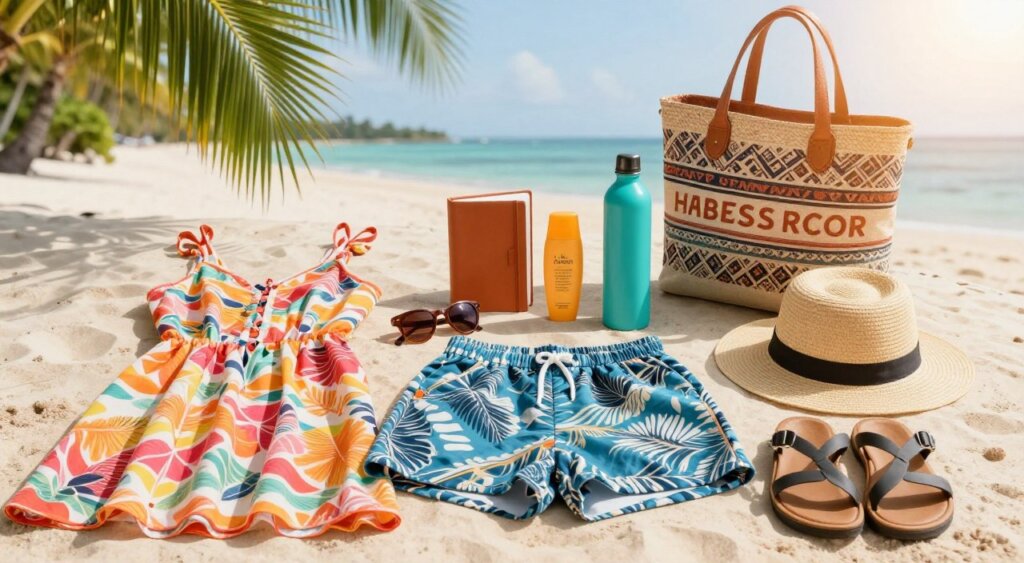 A beautifully arranged collection of packing essentials for a tropical travel experience, focusing on Bali. In the foreground, display vibrant beach apparel like lightweight dresses, stylish shorts, and comfortable sandals. Include accessories such as sunglasses, a sun hat, and a trendy tote bag. In the middle, showcase a neatly folded travel journal, sunscreen, and a reusable water bottle, conveying a sense of preparation and adventure. The background should hint at a tropical paradise with palm leaves and a serene beach setting. The lighting should be warm and bright, evoking a sunny day, while the composition should be shot at a slightly elevated angle, providing a clear overview of the essentials. The mood should feel relaxed and inviting, embodying the spirit of sunny Bali adventures.