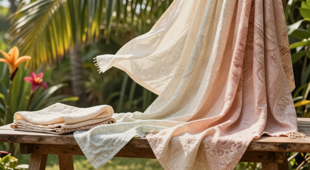 A beautifully arranged display of breathable fabrics suitable for a tropical climate, featuring lightweight cotton, linen, and bamboo textiles draped artistically on a rustic wooden table. In the foreground, soft pastel colors dominate the palette, reflecting the Bali aesthetic, with intricate batik patterns subtly incorporated. In the middle, a variety of fabric samples flutter gently in a mild breeze, capturing the essence of comfort and functionality. The background shows lush greenery typical of Bali, with palm leaves and vibrant tropical flowers softly blurred to enhance focus on the fabrics. The lighting is warm and natural, simulating a sunlit afternoon. The mood is inviting and tranquil, evoking the spirit of tropical elegance, ideal for stylish summer outfits.