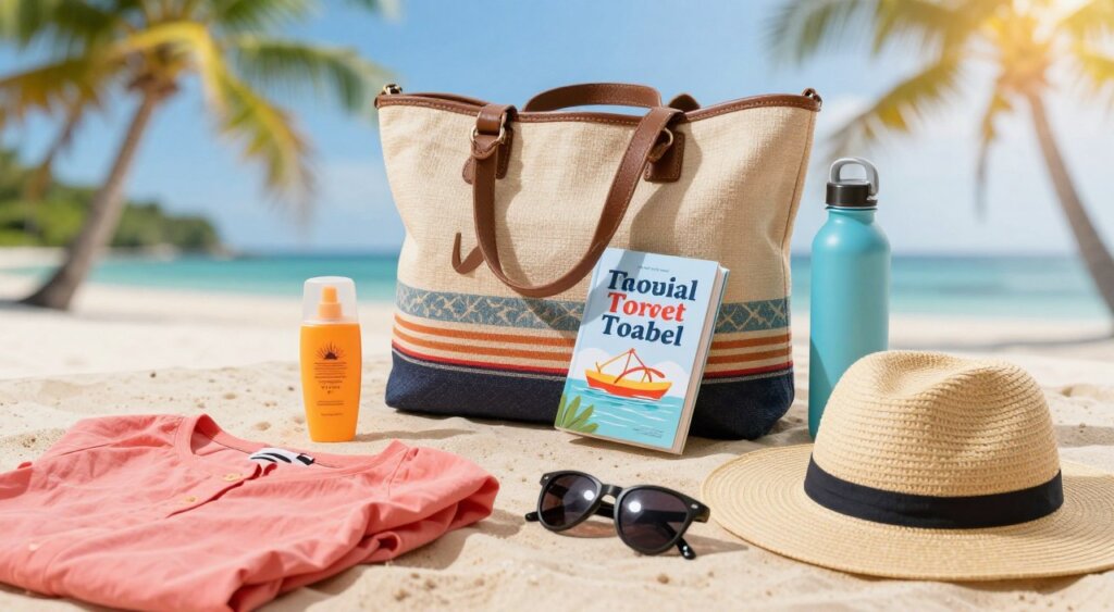 A beautifully arranged flat lay of Bali packing essentials for a June trip. In the foreground, vibrant items such as lightweight clothing, a wide-brimmed sun hat, sunglasses, and a reusable water bottle are prominently displayed. In the middle ground, a stylish beach bag is partially open, revealing travel essentials like sunscreen, a travel guidebook, and flip-flops. The background features a tropical beach scene with palm trees and a bright blue sky, softly blurred to enhance the focus on the packing items. The lighting is warm and inviting, creating an uplifting atmosphere. The image should capture the essence of a tropical getaway, evoking a sense of adventure and relaxation. A beautifully arranged flat lay of Bali packing essentials for a June trip. In the foreground, vibrant items such as lightweight clothing, a wide-brimmed sun hat, sunglasses, and a reusable water bottle are prominently displayed. In the middle ground, a stylish beach bag is partially open, revealing travel essentials like sunscreen, a travel guidebook, and flip-flops. The background features a tropical beach scene with palm trees and a bright blue sky, softly blurred to enhance the focus on the packing items. The lighting is warm and inviting, creating an uplifting atmosphere. The image should capture the essence of a tropical getaway, evoking a sense of adventure and relaxation.