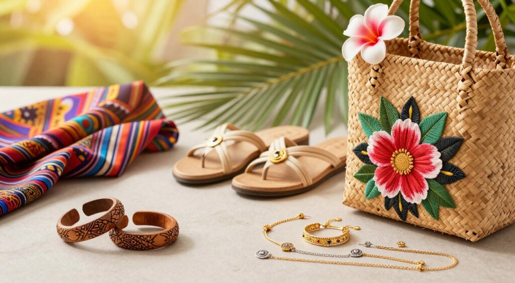 A beautifully arranged flat lay of Balinese accessories reflecting a tropical style. In the foreground, showcase intricate wooden bracelets, handwoven rattan bags adorned with vibrant floral patterns, and delicate gold or silver jewelry with traditional Balinese motifs. In the middle, include a pair of elegant sandals made of natural materials and a colorful sarong draped artfully. The background features soft, blurred elements of a tropical setting, such as palm leaves and exotic flowers, enhancing the tropical vibe. Use natural lighting to create a warm, inviting atmosphere, simulating golden hour light. The composition should invite viewers into a world of tropical elegance, emphasizing a harmonious blend of traditional and modern Balinese styles.