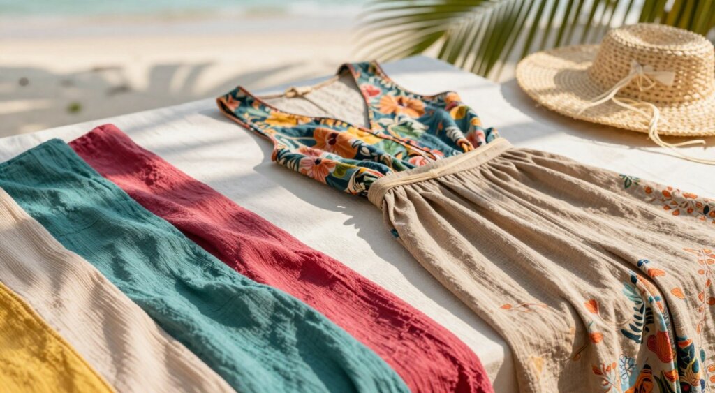 A beautifully arranged flat lay of breathable fabrics ideal for a tropical climate, showcasing lightweight cotton, linen, and bamboo materials. The foreground features vibrant, colorful swatches of these fabrics, elegantly draped with natural textures. In the middle, a stylish, chic outfit made from these fabrics is artistically placed, reflecting a Bali aesthetic, with floral patterns and earthy tones. The background includes subtle tropical elements, like palm leaves or hints of a serene beach setting, softly blurred to enhance focus on the fabrics. Warm, natural lighting simulates a sunlit atmosphere, with sunlight casting soft shadows, creating an inviting and fresh vibe. The overall mood is one of relaxation and style, embodying the essence of Bali.