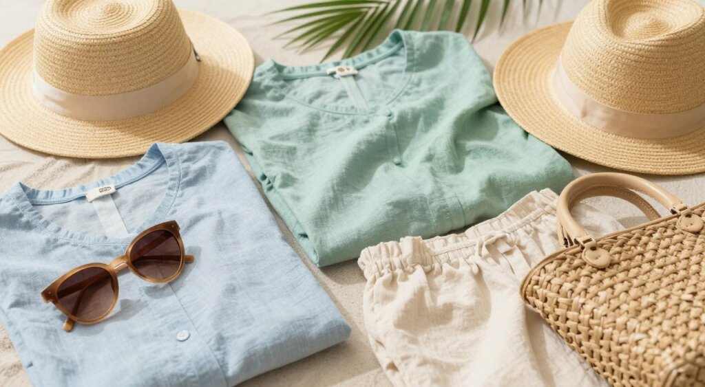 A beautifully arranged flat lay of breathable fabrics perfect for tropical weather, featuring lightweight cotton and linen materials in soft, natural colors like pastel blues, greens, and creams. Include stylish accessories like a wide-brimmed straw hat, oversized sunglasses, and a woven beach bag to evoke a Bali aesthetic. In the background, hint at tropical elements like palm leaves or soft sandy textures. The lighting should be bright and airy, capturing the essence of a sunny day, with soft shadows to enhance depth. The focus is on comfort and style, creating an inviting and relaxed atmosphere, suitable for chic outfit ideas in a tropical setting.