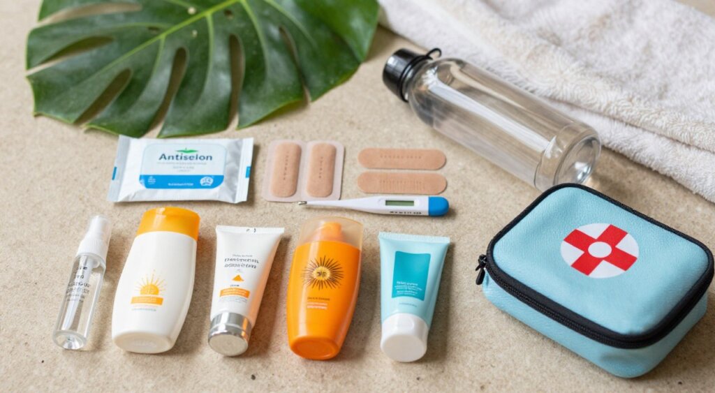 A beautifully arranged flat lay of essential toiletries and first aid items suitable for a trip to Bali. In the foreground, display travel-sized shampoo, conditioner, sunscreen, insect repellent, aloe vera gel, and a small first aid kit. The middle layer features items like antiseptic wipes, adhesive bandages, and a thermometer, alongside a reusable water bottle. In the background, include natural elements like tropical leaves or a soft beach towel to evoke the Bali atmosphere. The scene is well-lit with soft, natural lighting, creating a warm and inviting feel. The image should be shot from a slightly elevated angle, capturing a serene and organized ambiance, perfect for aiding travelers’ packing decisions.