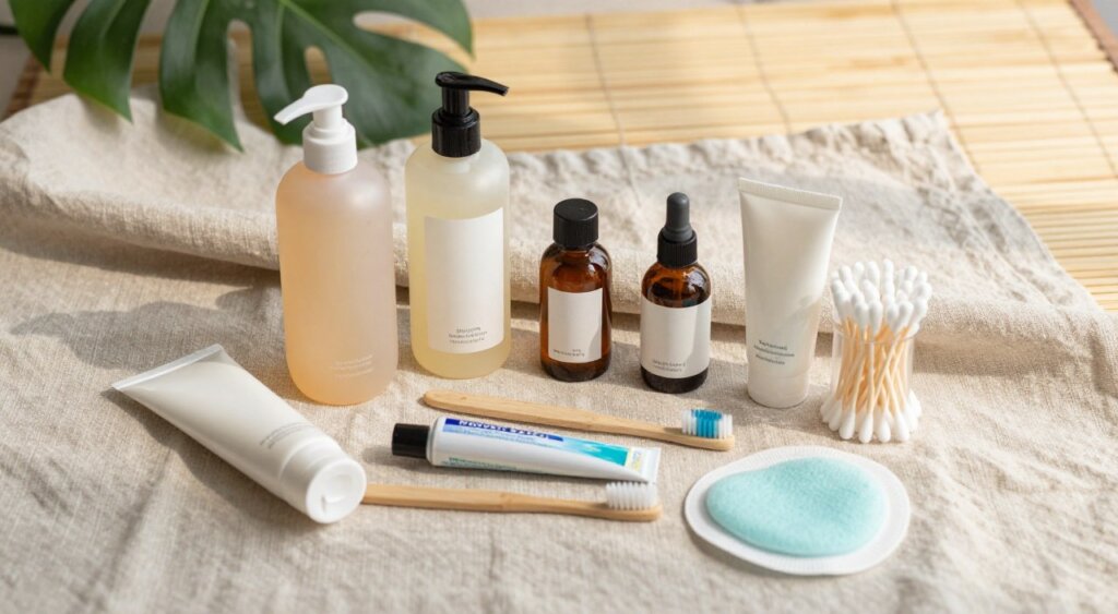 A beautifully arranged flat lay of personal care toiletries and health essentials ideal for solo female travelers in Bali. The foreground features an elegant assortment of items including travel-sized shampoo, conditioner, body wash, a skincare routine displayed in small bottles, a toothbrush, toothpaste, biodegradable cotton swabs, and a reusable makeup remover pad. The middle layer shows a soft, natural linen cloth serving as the backdrop, with subtle hints of tropical leaves peeking in. The background includes a light, airy bamboo mat to enhance the tropical feel. The lighting is soft and warm, reminiscent of early morning sun, casting gentle shadows to create depth. The mood is serene and inviting, capturing the essence of self-care while traveling.