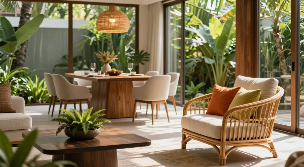 A beautifully arranged interior showcasing modern Balinese design elements, featuring natural materials like bamboo and teak wood in elegant furniture pieces. In the foreground, a stylish rattan armchair with vibrant cushions sits next to a sleek coffee table adorned with tropical plants. The middle ground reveals a minimalist dining area with a large wooden table surrounded by chic beige chairs, complemented by a woven pendant light that casts soft shadows. The background showcases large glass windows framing a lush, tropical garden, allowing natural light to flood in, creating a warm, inviting atmosphere. Use a high-quality, soft focus lens to enhance the serene mood and emphasize the harmony of contemporary aesthetics with traditional Balinese influences. Capture this scene in warm, natural tones to evoke a sense of tropical elegance.