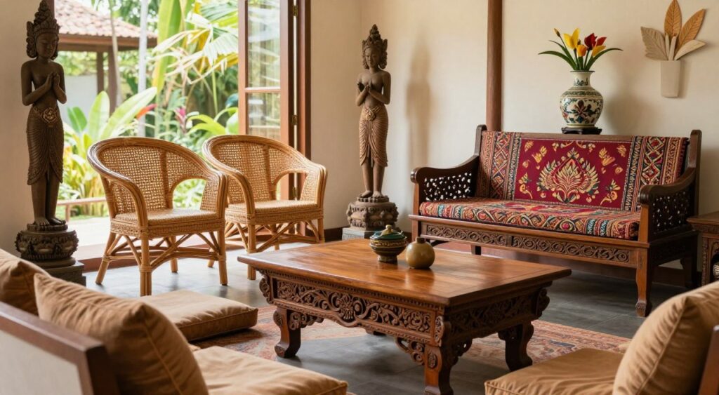 A beautifully arranged scene showcasing exquisite Balinese furniture and sculptural accents. In the foreground, a handcrafted wooden coffee table with intricate carvings, surrounded by plush, earthy-toned cushions. The middle section features elegant rattan chairs and a decorative wooden bench adorned with a vibrant Balinese textile. Sculptural elements, such as a tall, elegant wooden statue and a ceramic vase with tropical flowers, add depth and artistry. The background reveals a softly lit room with large, open windows, allowing natural light to flood in, enhancing the serene ambiance. Use a warm, inviting color palette to evoke a tropical elegance. Capture this scene with a slight upward angle to emphasize the height of the sculptures and the fluid lines of the furniture, creating a tranquil yet sophisticated atmosphere.