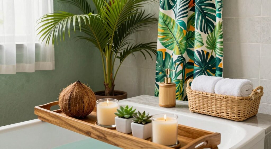 A beautifully arranged tropical bathroom featuring decor accessories that reflect the essence of Bali. In the foreground, a wooden bath tray holds coconut-scented candles and small potted succulents. The middle ground showcases a bamboo soap dispenser, a woven basket for towels, and a vibrant, patterned shower curtain with tropical leaves. In the background, a large potted palm tree provides a lush touch, alongside a green, textured wall. Soft, natural lighting filters through a window with sheer curtains, creating a warm and inviting atmosphere. The mood conveys relaxation and serenity, ideal for a personal retreat. The scene is captured with a slightly elevated angle, showcasing the decorative elements harmoniously integrated into the space, all devoid of text or logos.