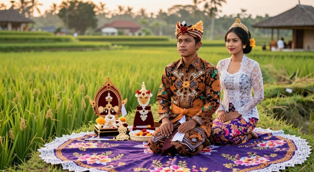 A beautifully composed image showcasing the distinctive features of a Balinese traditional costume, known as Baju Adat Bali. In the foreground, a male model wearing a vibrant batik shirt with intricate patterns and a traditional sarong tied at the waist, complemented by a ceremonial headdress (udeng). To the side, a female model dons a colorful kebaya adorned with delicate lace, her skirt elegantly sweeping the ground, embellished with floral motifs. The middle ground highlights an arrangement of Balinese accessories, including intricately crafted jewelry and a ceremonial offering. The background features a lush rice terrace under soft golden hour light, casting a warm glow over the scene. Capture the mood of cultural reverence and celebration, using a slightly tilted angle to provide depth and focus on the costume details, ensuring a professional and Instagram-worthy composition.