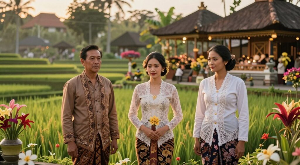 A beautifully composed image showcasing the evolution of Kebaya fashion through the ages. In the foreground, illustrate three figures representing different eras of Kebaya, each adorned in distinct styles—ranging from traditional, intricate batik patterns in the 19th century, to contemporary minimalist designs. The middle ground should feature a lush Balinese landscape, with ornamental rice terraces and blooming flowers providing a vibrant backdrop. In the background, softly lit, traditional Balinese architecture complements the scene. The atmosphere is warm and inviting, with golden hour lighting casting gentle shadows. Use a wide-angle lens for an expansive view that captures both the elegance of Kebaya and the enchanting Balinese setting. Ensure the figures are modestly dressed, reflecting the cultural significance of the attire, evoking a sense of heritage and grace. A beautifully composed image showcasing the evolution of Kebaya fashion through the ages. In the foreground, illustrate three figures representing different eras of Kebaya, each adorned in distinct styles—ranging from traditional, intricate batik patterns in the 19th century, to contemporary minimalist designs. The middle ground should feature a lush Balinese landscape, with ornamental rice terraces and blooming flowers providing a vibrant backdrop. In the background, softly lit, traditional Balinese architecture complements the scene. The atmosphere is warm and inviting, with golden hour lighting casting gentle shadows. Use a wide-angle lens for an expansive view that captures both the elegance of Kebaya and the enchanting Balinese setting. Ensure the figures are modestly dressed, reflecting the cultural significance of the attire, evoking a sense of heritage and grace.