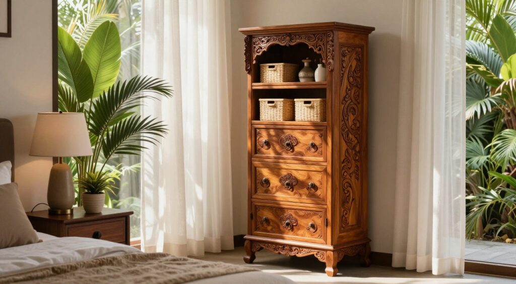 A beautifully crafted Balinese tallboy storage unit stands elegantly in a serene bedroom setting. The tallboy features intricate wood carvings that reflect traditional Balinese artistry, showcasing warm tones of teak and mahogany. In the foreground, a stylishly arranged bedside table complements the tallboy, adorned with tropical plants and an elegant lamp. The middle section highlights the tallboy with its multiple drawers and decorative touches, like woven baskets for versatile storage solutions. Soft, diffused sunlight filters through sheer curtains, casting gentle shadows that enhance the calming atmosphere. The background reveals a hint of lush greenery visible outside the window, harmonizing with the tropical theme. The scene is captured from a slightly elevated angle with a wide lens, ensuring a cozy and inviting mood throughout the space.
