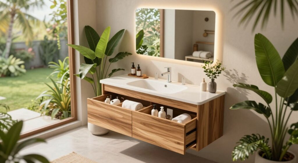 A beautifully designed bathroom featuring smart storage and vanity solutions inspired by tropical Bali aesthetics. In the foreground, showcase a sleek, modern vanity with natural wood finishes and elegant, organized drawers filled with spa-like essentials. The middle ground includes a stylish mirror with LED lighting and lush green plants, signifying a connection to nature. In the background, a large window reveals a serene view of a tropical garden, with soft, diffused sunlight illuminating the space. Capture this scene with a warm, inviting atmosphere, using a soft-focus lens to create a dreamy effect, and a slight bird's-eye view angle to emphasize the vanity's design while conveying a sense of tranquility and style.