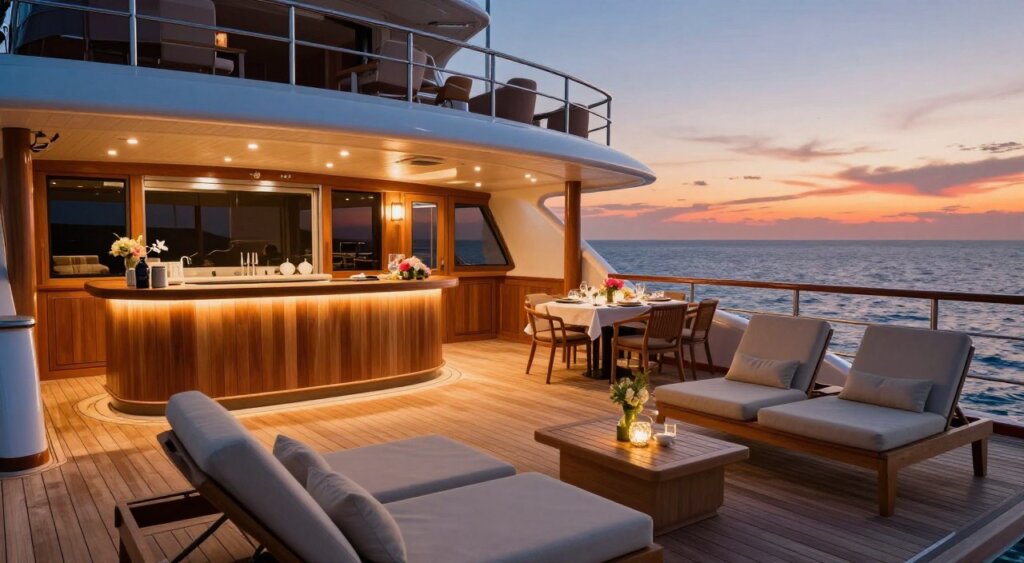 A beautifully designed liveaboard deck featuring elegant wooden finishes and comfortable lounging areas. In the foreground, stylish sun loungers are organized around a small, modern outdoor bar, inviting relaxation. The middle ground showcases a spacious dining area with a large table set for a meal, adorned with tasteful tableware and fresh flowers. Soft ambient lighting creates a warm atmosphere, enhancing the inviting feel. In the background, the ocean's blue waters and a sunset sky reflecting vibrant hues serve as the perfect backdrop, adding to the serene ambiance. The perspective is from a low angle, focusing on the deck and capturing the beauty of the boat's design in a photographic style reminiscent of National Geographic quality. The mood is tranquil and luxurious, ideal for showcasing liveaboard experiences. A beautifully designed liveaboard deck featuring elegant wooden finishes and comfortable lounging areas. In the foreground, stylish sun loungers are organized around a small, modern outdoor bar, inviting relaxation. The middle ground showcases a spacious dining area with a large table set for a meal, adorned with tasteful tableware and fresh flowers. Soft ambient lighting creates a warm atmosphere, enhancing the inviting feel. In the background, the ocean's blue waters and a sunset sky reflecting vibrant hues serve as the perfect backdrop, adding to the serene ambiance. The perspective is from a low angle, focusing on the deck and capturing the beauty of the boat's design in a photographic style reminiscent of National Geographic quality. The mood is tranquil and luxurious, ideal for showcasing liveaboard experiences.