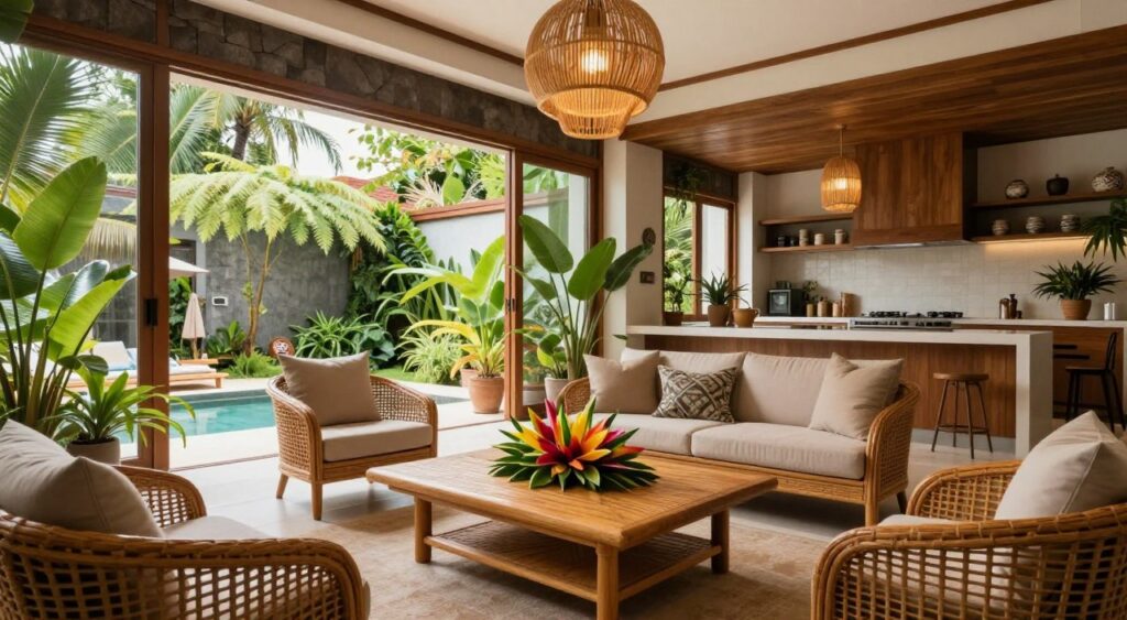 A beautifully designed modern Balinese interior showcasing tropical elegance. In the foreground, a handcrafted teak coffee table adorned with vibrant tropical flowers, surrounded by wicker chairs with soft, neutral cushions. The middle section features a spacious living area with large floor-to-ceiling windows that allow natural light to flood in, highlighting the warm wooden tones and stone accents. Lush indoor plants, like ferns and palms, create a serene atmosphere, while handcrafted bamboo light fixtures hang gracefully overhead. In the background, a minimalist kitchen blends seamlessly, featuring open shelving and artisanal ceramics. The overall mood is inviting and tranquil, evoking the essence of Bali. Set in natural daylight, capture the scene with a wide-angle lens to emphasize the open layout and flow of space.