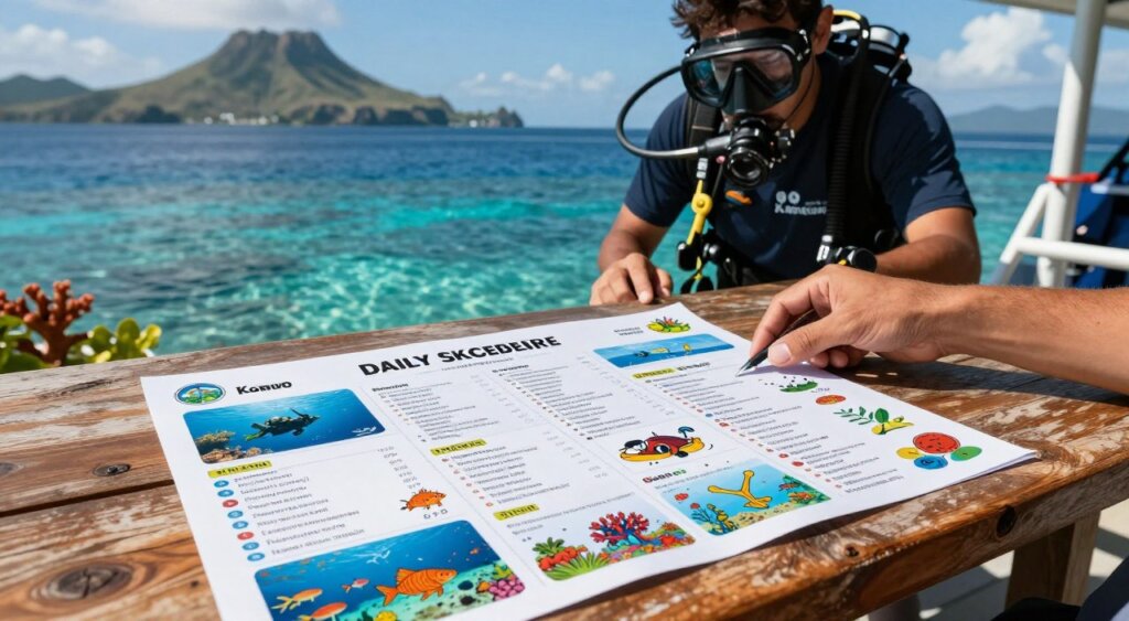 A beautifully organized daily diving schedule for a Komodo liveaboard experience, displayed on a rustic wooden table. The foreground features a detailed, illustrated itinerary with colorful images of dive sites, marine life, and activities. In the middle, a diver in professional attire, equipped with diving gear and a camera, examines the schedule with enthusiasm. In the background, a stunning seascape of the Komodo Islands under bright, natural sunlight, with crystal-clear waters and vibrant coral reefs visible. The atmosphere is lively and adventurous, highlighting the excitement of underwater exploration. The scene captures the essence of diving in Komodo, showcasing both the preparation and beauty of this remarkable destination. The shot is taken at eye level with a slight depth of field to emphasize the itinerary while keeping details sharp and inviting. A beautifully organized daily diving schedule for a Komodo liveaboard experience, displayed on a rustic wooden table. The foreground features a detailed, illustrated itinerary with colorful images of dive sites, marine life, and activities. In the middle, a diver in professional attire, equipped with diving gear and a camera, examines the schedule with enthusiasm. In the background, a stunning seascape of the Komodo Islands under bright, natural sunlight, with crystal-clear waters and vibrant coral reefs visible. The atmosphere is lively and adventurous, highlighting the excitement of underwater exploration. The scene captures the essence of diving in Komodo, showcasing both the preparation and beauty of this remarkable destination. The shot is taken at eye level with a slight depth of field to emphasize the itinerary while keeping details sharp and inviting.