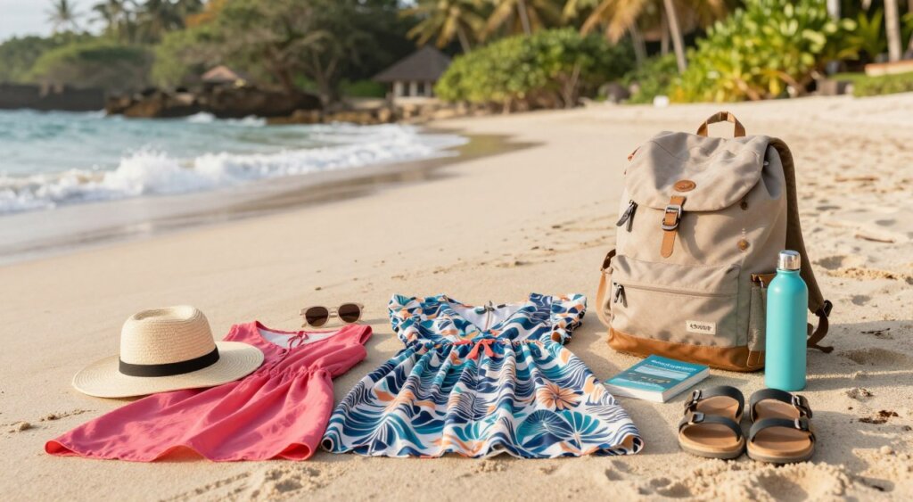 A beautifully organized flat lay of essential travel items for women heading to Bali, featuring lightweight clothing options like breathable dresses and stylish cover-ups, practical accessories such as a wide-brimmed hat and sunglasses, and versatile footwear like sandals. Include travel essentials like a chic backpack, refillable water bottle, and a guidebook. The arrangement should be set on a sandy beach backdrop with the gentle waves and lush tropical elements softly blurred in the background. Golden hour lighting creates a warm, inviting atmosphere, evoking a sense of adventure and relaxation. Emphasize vibrant colors and textures. The composition should focus on the items, ensuring a clean and professional layout without any distractions.