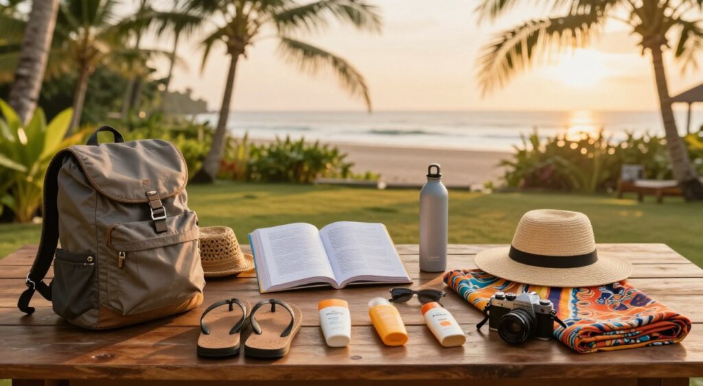 A beautifully organized packing list spread out on a sunlit wooden table, capturing the essence of solo female travel in Bali. In the foreground, neatly arranged travel essentials like a lightweight backpack, flip-flops, a sarong, sunscreen, and a camera. The middle features an open guidebook, a reusable water bottle, and a stylish sun hat, showcasing practical yet fashionable items. The background reveals a lush tropical garden or beach, with palm trees and soft golden sand, evoking a sense of adventure and relaxation. The lighting is warm and inviting, simulating a dreamy sunset. The overall atmosphere radiates empowerment and wanderlust, appealing to solo female travelers seeking authenticity in their Bali experience.