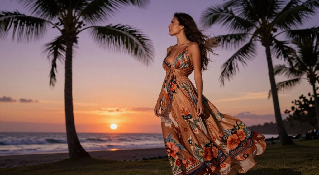 A beautifully styled woman transitioning from day to night in Bali, wearing a chic, flowy maxi dress that blends earthy tones with vibrant floral patterns, showcasing a bohemian yet sophisticated aesthetic. In the foreground, she is admiring the sunset on a breezy beach, her long hair softly blowing in the wind. In the middle ground, the soft silhouettes of palm trees frame the scene, while the golden light casts a warm glow on her outfit. The background features a stunning horizon where the sun dips below the ocean, creating a palette of oranges and purples in the sky. Capture this moment with warm, natural lighting and a slightly elevated angle, evoking a dreamy, relaxed vibe perfect for Bali. The image should feel inviting and aspirational, ideal for social media sharing.