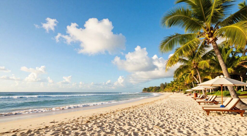 A breathtaking Bali beach scene in October, showcasing the vibrant colors of a tropical paradise. In the foreground, soft white sand is dotted with a few beach loungers and sun umbrellas, inviting visitors to relax. The middle ground features gentle waves lapping at the shore, creating a serene ambiance. Bright green palm trees frame the scene, swaying slightly in the warm, golden sunlight that bathes the entire landscape. In the distance, a clear azure sky meets the horizon, dotted with fluffy, white clouds. The atmosphere is tranquil and inviting, perfect for discovering Bali's natural beauty during the fall season. Capture this idyllic moment with a wide-angle lens to evoke a sense of openness and serenity. A breathtaking Bali beach scene in October, showcasing the vibrant colors of a tropical paradise. In the foreground, soft white sand is dotted with a few beach loungers and sun umbrellas, inviting visitors to relax. The middle ground features gentle waves lapping at the shore, creating a serene ambiance. Bright green palm trees frame the scene, swaying slightly in the warm, golden sunlight that bathes the entire landscape. In the distance, a clear azure sky meets the horizon, dotted with fluffy, white clouds. The atmosphere is tranquil and inviting, perfect for discovering Bali's natural beauty during the fall season. Capture this idyllic moment with a wide-angle lens to evoke a sense of openness and serenity.