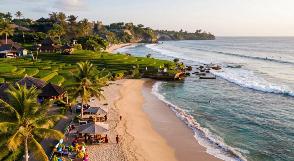 A breathtaking aerial view of Bali's diverse coastal landscape, showcasing the contrast between lush green rice terraces and tranquil azure waters. In the foreground, gentle waves lap against a pristine sandy beach, dotted with shades of coconut palms. The middle ground features vibrant local markets with colorful stalls, where vendors display fresh tropical fruits and handmade crafts, all set against the backdrop of traditional Balinese architecture. In the background, dramatic cliffs rise above the ocean, with surfers riding the waves below and fishing boats gently bobbing in the distance. The scene is illuminated by warm, golden hour sunlight, casting soft shadows and creating a serene, inviting atmosphere, reminiscent of a peaceful tropical escape.