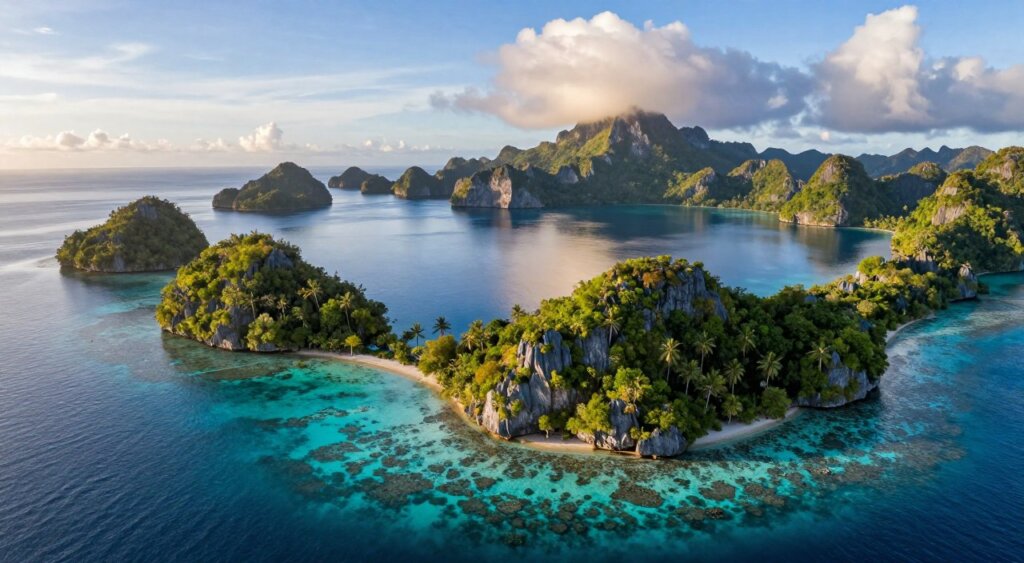A breathtaking aerial view of the Raja Ampat islands, showcasing their stunning turquoise waters and lush green landscapes. In the foreground, vibrant coral reefs teem with marine life, while several small, rocky islands emerge from the sea, dotted with dense tropical vegetation. The middle ground features calm, clear waters reflecting the brilliant blue sky, with scattered clouds casting soft shadows over the islands. In the background, dramatic limestone cliffs rise majestically, partially obscured by a slight morning mist. The scene is illuminated by warm, golden sunlight, creating a serene and inviting atmosphere. This photo should resemble a professional travel photograph, ideally shot from a drone at a slight angle to highlight the islands' unique shapes and curves.