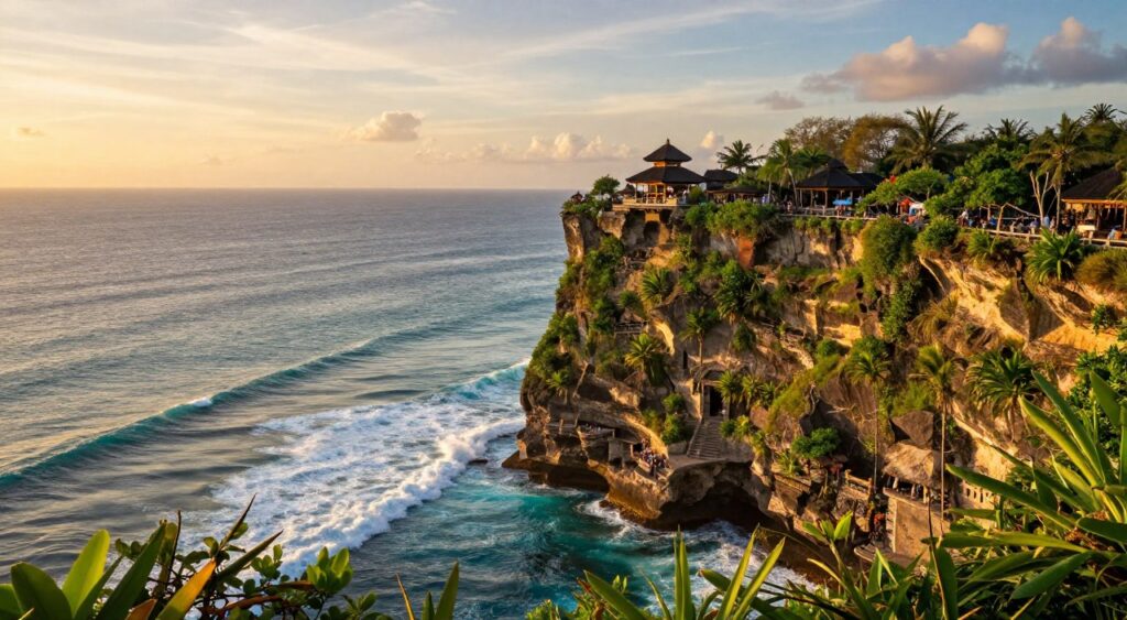 A breathtaking clifftop view of Uluwatu, Bali, captured during the golden hour, with the warm sunlight casting a soft glow over the scene. In the foreground, rocky cliffs adorned with lush greenery drop dramatically to the turquoise sea below. The middle ground features the iconic Uluwatu Temple perched majestically on the cliff edge, its traditional Balinese architecture showcased against the vibrant sky. In the background, the horizon blends seamlessly into the ocean, with gentle waves creating a sense of movement. The overall atmosphere is serene and inviting, evoking the wonder and beauty of nature. The image should have a wide-angle perspective to emphasize the vastness of the landscape, with a focus on clarity and richness in color for a professional and Instagrammable quality. A breathtaking clifftop view of Uluwatu, Bali, captured during the golden hour, with the warm sunlight casting a soft glow over the scene. In the foreground, rocky cliffs adorned with lush greenery drop dramatically to the turquoise sea below. The middle ground features the iconic Uluwatu Temple perched majestically on the cliff edge, its traditional Balinese architecture showcased against the vibrant sky. In the background, the horizon blends seamlessly into the ocean, with gentle waves creating a sense of movement. The overall atmosphere is serene and inviting, evoking the wonder and beauty of nature. The image should have a wide-angle perspective to emphasize the vastness of the landscape, with a focus on clarity and richness in color for a professional and Instagrammable quality.