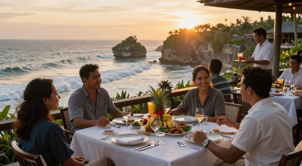 A breathtaking dining experience at a Uluwatu restaurant overlooking the Indian Ocean at sunset. In the foreground, a beautifully set table with elegant dinnerware, fresh tropical fruits, and local delicacies, showcasing Bali's culinary delights. In the middle ground, diners in modest casual clothing enjoying their meals, smiling and engaged in conversation, with a waiter serving drinks. The background features stunning ocean views with crashing waves against rocky cliffs, bathed in warm golden light from the setting sun. The scene captures an inviting, tranquil atmosphere, highlighting the fusion of fine dining and natural beauty, shot from a slightly elevated angle to encompass the entire setting. Soft focus on the background adds depth, creating an intimate yet expansive dining scene. A breathtaking dining experience at a Uluwatu restaurant overlooking the Indian Ocean at sunset. In the foreground, a beautifully set table with elegant dinnerware, fresh tropical fruits, and local delicacies, showcasing Bali's culinary delights. In the middle ground, diners in modest casual clothing enjoying their meals, smiling and engaged in conversation, with a waiter serving drinks. The background features stunning ocean views with crashing waves against rocky cliffs, bathed in warm golden light from the setting sun. The scene captures an inviting, tranquil atmosphere, highlighting the fusion of fine dining and natural beauty, shot from a slightly elevated angle to encompass the entire setting. Soft focus on the background adds depth, creating an intimate yet expansive dining scene.