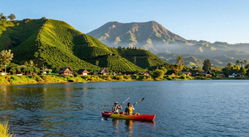 A breathtaking outdoor scene at Lake Toba, showcasing vibrant green hills and a serene blue lake under a clear sky. In the foreground, a couple in modest casual clothing enjoys kayaking, paddling through the calm waters. The sun casts warm golden light, emphasizing the reflections on the lake's surface. In the middle ground, lush coffee plantations coat the hillsides, while traditional Batak houses can be seen dotting the landscape. The background features the majestic mountains surrounding the lake, partially shrouded in mist. Capture this image from a slightly elevated angle to highlight both the adventure and the picturesque scenery, evoking a sense of tranquility and exploration. The overall mood is refreshing and adventurous, perfect for depicting outdoor activities in this stunning cultural setting.