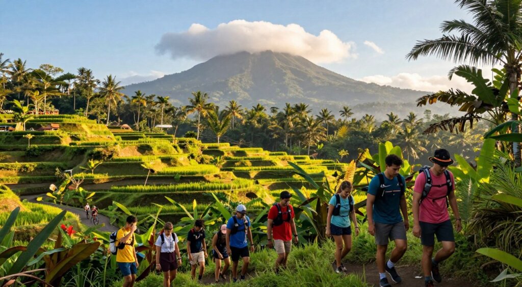 A breathtaking outdoor scene in Bali during October, showcasing various exhilarating activities. In the foreground, a group of diverse individuals, dressed in modest, colorful activewear, are enjoying a hike along lush, green trails surrounded by vibrant tropical foliage. The middle ground features a picturesque rice terrace, glistening under the warm golden sunlight, with a few people cycling along the path. In the background, iconic Balinese mountains rise majestically against a clear blue sky, dotted with fluffy white clouds. The atmosphere is energetic and adventurous, encapsulating the essence of outdoor exploration in Bali. Soft, warm lighting enhances the lively color palette, capturing the beauty of nature and the joy of outdoor activities. The scene is framed at a slight angle to provide depth and perspective, inviting viewers to immerse themselves in this tropical paradise. A breathtaking outdoor scene in Bali during October, showcasing various exhilarating activities. In the foreground, a group of diverse individuals, dressed in modest, colorful activewear, are enjoying a hike along lush, green trails surrounded by vibrant tropical foliage. The middle ground features a picturesque rice terrace, glistening under the warm golden sunlight, with a few people cycling along the path. In the background, iconic Balinese mountains rise majestically against a clear blue sky, dotted with fluffy white clouds. The atmosphere is energetic and adventurous, encapsulating the essence of outdoor exploration in Bali. Soft, warm lighting enhances the lively color palette, capturing the beauty of nature and the joy of outdoor activities. The scene is framed at a slight angle to provide depth and perspective, inviting viewers to immerse themselves in this tropical paradise.