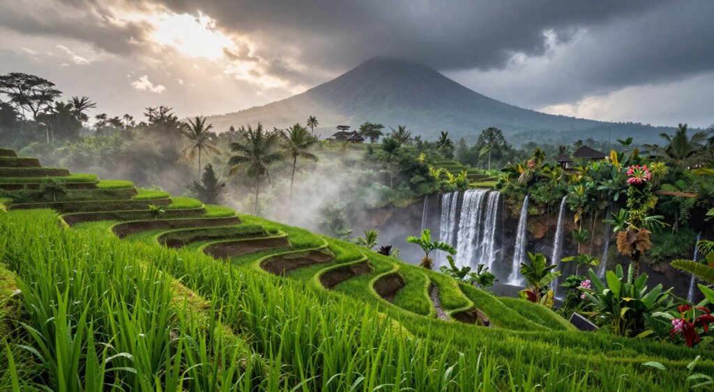 A breathtaking scene showcasing Bali's natural wonders in November during the wet season. In the foreground, lush green rice terraces glisten with droplets of rain, their intricate patterns cascading down the hillside. The middle ground features a vibrant waterfall surrounded by tropical plants and flowers, with mist rising softly into the air, creating a mystical atmosphere. In the background, majestic volcanic mountains loom under a moody sky filled with dark, dramatic clouds, hinting at the rain. Soft rays of sunlight peek through, illuminating patches of the landscape, enhancing the allure of nature. The scene conveys a serene yet enchanting mood, perfect for capturing the magic of Bali during this time of year. The image is captured with a wide-angle lens to encompass the grandeur of the scenery, with attention to rich textures and colors.