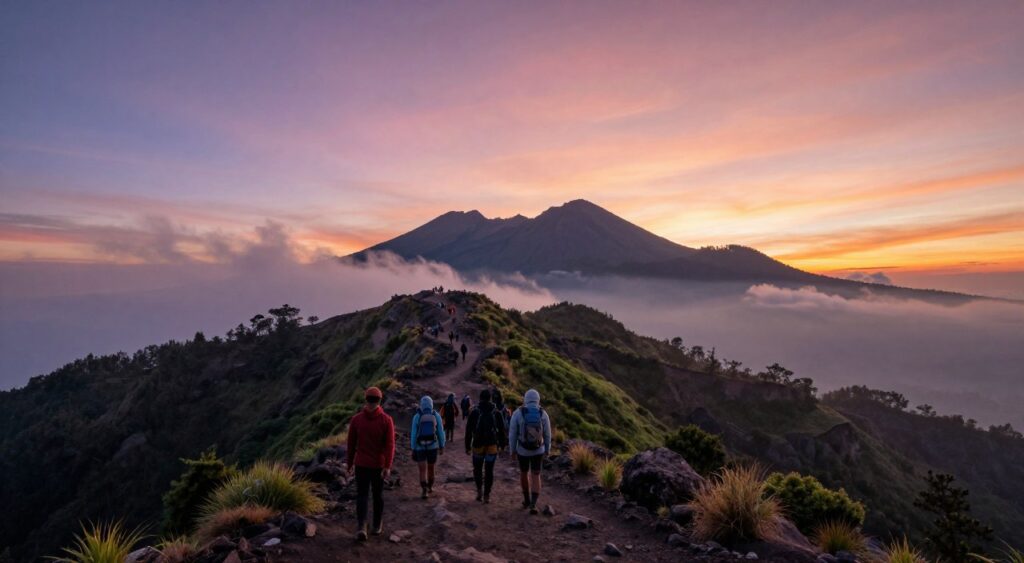 A breathtaking sunrise trek adventure at Mount Batur in Bali, showcasing the stunning landscape. In the foreground, a group of climbers in modest outdoor attire, silhouetted against the vibrant colors of the dawn sky—warm hues of orange, pink, and purple blending together. The middle ground features the rugged volcanic terrain, with rocky paths and patches of lush greenery leading up to the summit. In the background, the majestic outline of Mount Batur rises, shrouded in a light mist, with wispy clouds drifting across the horizon. Use a wide-angle lens to capture the expansive view, and focus on natural lighting to emphasize the ethereal morning atmosphere, creating a sense of adventure and serenity in this picturesque setting. A breathtaking sunrise trek adventure at Mount Batur in Bali, showcasing the stunning landscape. In the foreground, a group of climbers in modest outdoor attire, silhouetted against the vibrant colors of the dawn sky—warm hues of orange, pink, and purple blending together. The middle ground features the rugged volcanic terrain, with rocky paths and patches of lush greenery leading up to the summit. In the background, the majestic outline of Mount Batur rises, shrouded in a light mist, with wispy clouds drifting across the horizon. Use a wide-angle lens to capture the expansive view, and focus on natural lighting to emphasize the ethereal morning atmosphere, creating a sense of adventure and serenity in this picturesque setting.