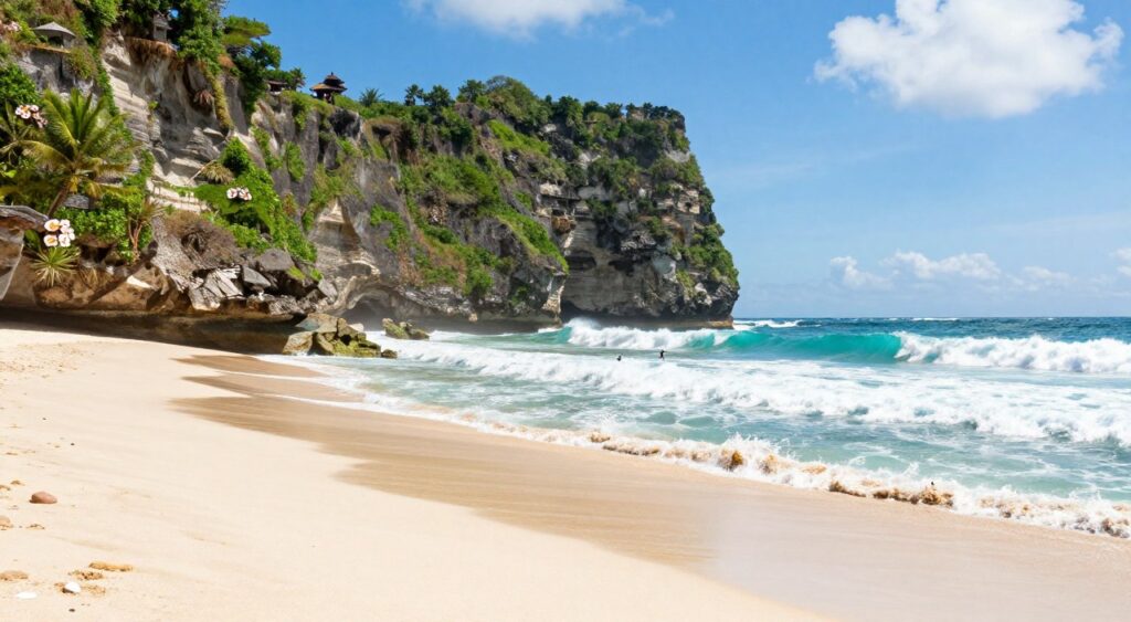 A breathtaking view of Uluwatu's coastline, capturing the iconic cliffs and pristine beaches of Bali. In the foreground, soft white sand with gentle waves lapping at the shore, a few scattered seashells glistening under the midday sun. In the middle ground, several surfers riding the waves, showcasing the area's vibrant surfing culture. The background features rugged limestone cliffs, lush greenery, and the famous Uluwatu Temple perched high above, silhouetted against a clear blue sky dotted with a few fluffy white clouds. The scene is bathed in warm sunlight, creating a vibrant and inviting atmosphere. Capture this stunning landscape with a wide-angle lens, emphasizing the dramatic coastline and the beauty of Balinese nature.