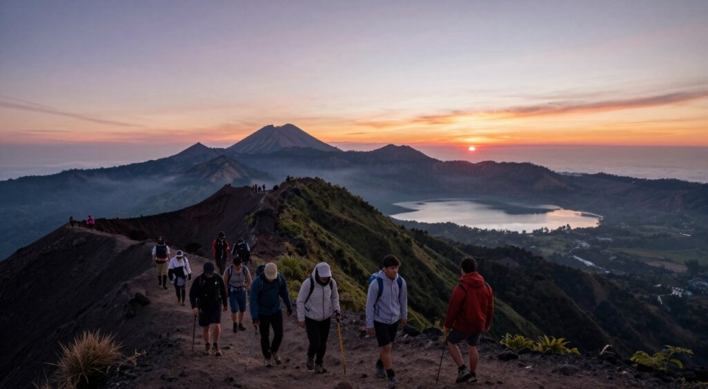 A breathtaking view of the Mount Batur sunrise trek, showcasing enthusiastic hikers clad in modest, breathable clothing as they ascend the rugged volcanic slopes. In the foreground, a group of hikers, silhouettes against the vibrant orange and pink hues of the rising sun, capturing a sense of adventure and camaraderie. The middle ground features the rocky terrain of Mount Batur, with patches of greenery and volcanic rock creating a stark contrast against the colorful sky. In the background, other volcanic mountains and a serene lake can be seen beneath a blanket of mist. The early morning light casts a warm glow, enveloping the scene in a peaceful and exhilarating mood. A wide-angle lens captures the vastness of the landscape, emphasizing the sense of exploration in Bali's natural beauty.
