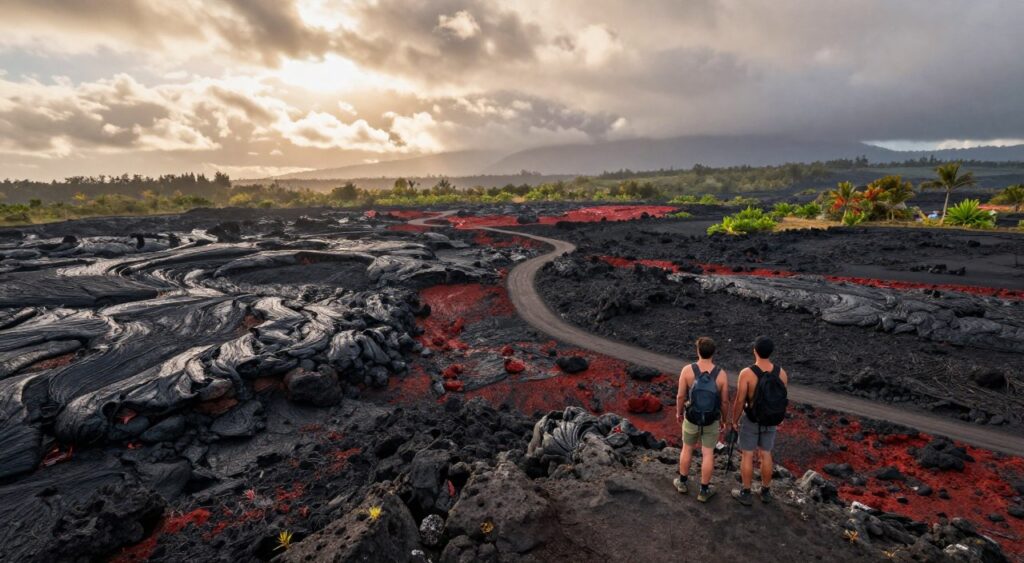 A breathtaking view of volcanic lava fields in Kintamani, Bali, showcasing rugged black and red terrain strewn with hardened lava rocks. In the foreground, a couple wearing modest hiking gear stands on a rocky outcrop, gazing at the mesmerizing landscape, their silhouettes contrasting with the vibrant earth tones. The middle ground features winding paths that weave through the lava fields, surrounded by subtle patches of greenery and tropical flora. In the background, a dramatic sky with billowing clouds hints at the dynamic nature of the region, with soft golden sunlight breaking through, illuminating the scene. The atmosphere conveys a sense of adventure and wonder, inviting viewers to embrace the beauty of this unique terrain. The scene is captured with a wide-angle lens, emphasizing the vastness of the landscape while maintaining sharp detail and depth.