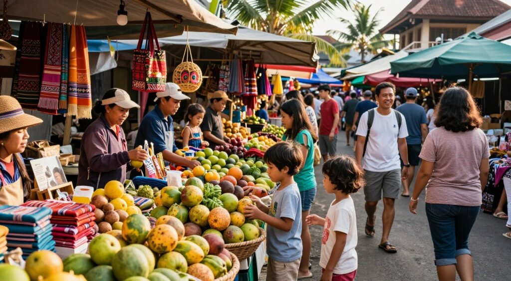 A bustling local market scene in Kuta, showcasing vibrant stalls filled with fresh fruits, handmade crafts, and colorful textiles. In the foreground, two children, one boy and one girl, are excitedly examining a basket of exotic fruits, dressed in comfortable, modest clothing. The middle ground features lively vendors engaging with cheerful shoppers, creating a sense of community warmth. In the background, tall palms and traditional Balinese architecture add authentic charm to the setting. Soft, golden sunlight filters through the stalls, casting inviting shadows and highlighting the rich colors of the market wares. The overall mood is joyful and vibrant, capturing the essence of a family-friendly shopping experience in Bali. Angle the shot slightly above eye level for a dynamic perspective, evoking a sense of exploration and discovery.