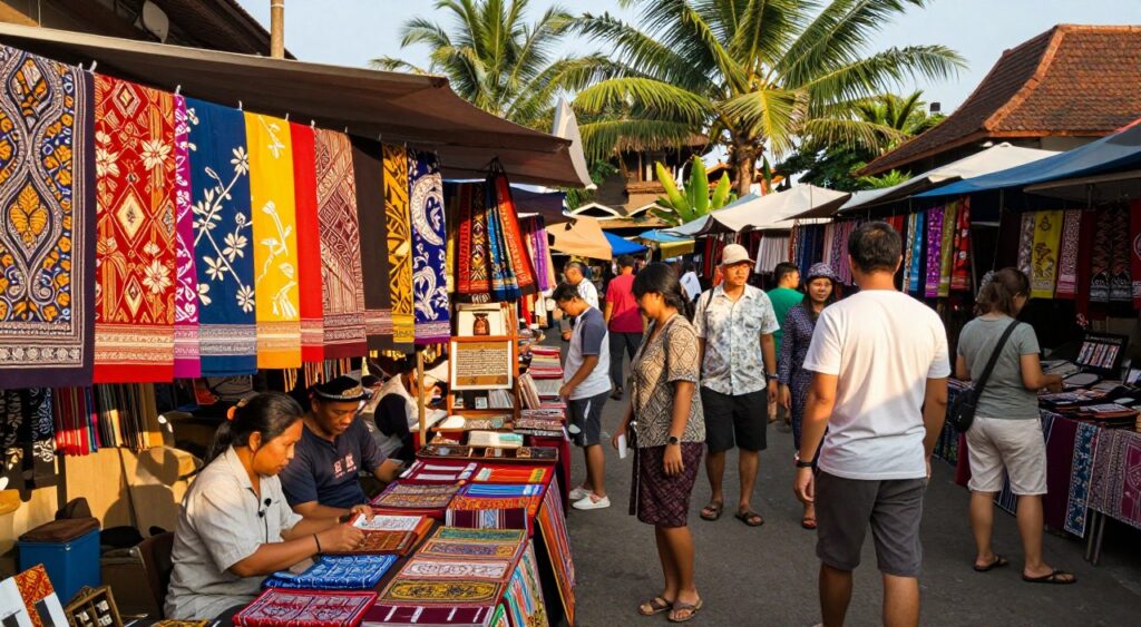 A bustling scene at the Ubud Art Market, capturing vibrant stalls filled with colorful Batik fabrics, traditional handicrafts, and unique art pieces. In the foreground, intricately patterned Batik textiles hang elegantly, their vivid colors reflecting the sunlight. Local artisans showcase their crafts, dressed in modest, casual clothing, engaging with tourists who admire the artwork. In the middle ground, shoppers explore the market, with a backdrop of lush green palm trees and the delicate architecture of nearby warungs peeking through. The atmosphere is lively yet warm, bathed in golden hour lighting that enhances the colors and textures of the fabrics. Shot with a wide-angle lens to encapsulate the vibrant energy and artistic spirit of Ubud's market scene. A bustling scene at the Ubud Art Market, capturing vibrant stalls filled with colorful Batik fabrics, traditional handicrafts, and unique art pieces. In the foreground, intricately patterned Batik textiles hang elegantly, their vivid colors reflecting the sunlight. Local artisans showcase their crafts, dressed in modest, casual clothing, engaging with tourists who admire the artwork. In the middle ground, shoppers explore the market, with a backdrop of lush green palm trees and the delicate architecture of nearby warungs peeking through. The atmosphere is lively yet warm, bathed in golden hour lighting that enhances the colors and textures of the fabrics. Shot with a wide-angle lens to encapsulate the vibrant energy and artistic spirit of Ubud's market scene.