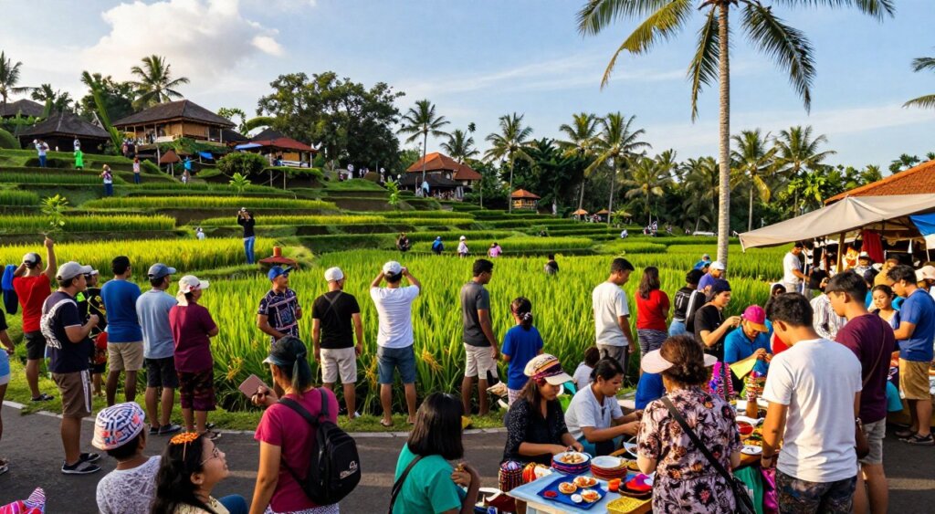 A bustling scene depicting Bali's peak season crowds in July, showcasing vibrant local markets filled with tourists and locals interacting. In the foreground, diverse groups of travelers dressed in modest casual clothing explore stalls selling colorful handicrafts and traditional Balinese food. The middle ground features a scenic view of iconic rice terraces, with people taking photographs, reflecting the lush greenery typical of Bali. The background captures a clear blue sky with soft sunlight filtering through palm trees, creating a warm, inviting atmosphere. The overall mood is lively and energetic, highlighting the popular travel destination during peak season. Use a wide-angle lens to emphasize the crowd and natural beauty, ensuring vivid colors and sharp details throughout the image.