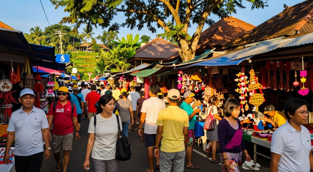 A bustling scene in Bali during the December holiday season, capturing the essence of navigating through crowded streets. In the foreground, a diverse group of tourists and locals, all dressed in modest casual clothing, maneuver around colorful market stalls filled with traditional Balinese crafts and holiday decorations. The middle ground showcases vibrant storefronts and lively street vendors, with a warm golden sunlight filtering through the trees, casting playful shadows. In the background, a glimpse of lush greenery and distant rice terraces under a clear blue sky sets the tropical mood. The atmosphere is lively and vibrant, evoking the excitement of the holiday season while highlighting the challenges of navigating busy tourist areas. Use a wide-angle lens to capture the dynamic energy of the crowd, with an emphasis on the interplay of light and color.