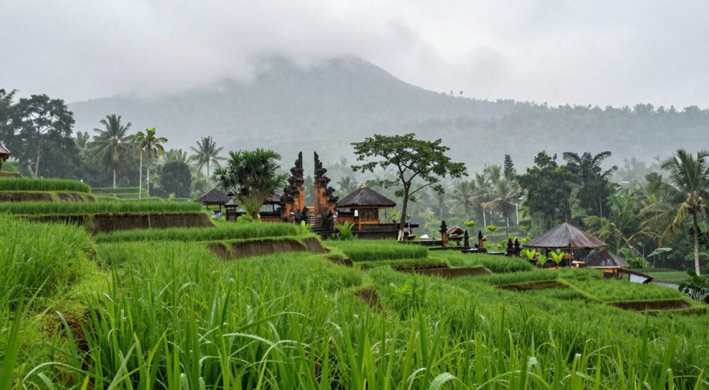 A captivating scene of Bali during March, emphasizing rainfall patterns. In the foreground, lush green rice terraces glisten with raindrops, showcasing the vibrant foliage under soft, diffused lighting. In the middle, a serene Balinese landscape features a traditional temple framed by trees, with low-hanging clouds and gentle rain creating a tranquil atmosphere. The background displays misty mountains partially obscured by rainfall, conveying the island's lush, tropical climate. Capture this in a wide-angle view to emphasize depth, with natural lighting illuminating the scene in a gentle, overcast glow, evoking a sense of calm and introspection about how rainfall enriches Bali’s natural beauty in March.