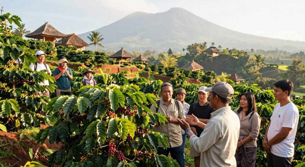A captivating scene of a Kintamani coffee plantation tour, showcasing lush green coffee plants with ripe berries glistening under the warm sunlight. In the foreground, a local guide in modest casual clothing enthusiastically explains the coffee cultivation process to a small group of tourists, dressed in light, comfortable attire. The middle layer features families of coffee plants thriving on gently sloping hills, with vibrant volcanic soil and a backdrop of distant misty mountains. The background is dotted with traditional Balinese huts, emphasizing the agricultural heritage. Soft, natural lighting casts gentle shadows, enhancing the inviting atmosphere. The image conveys a sense of excitement and cultural richness, capturing the essence of local coffee culture in Bali.