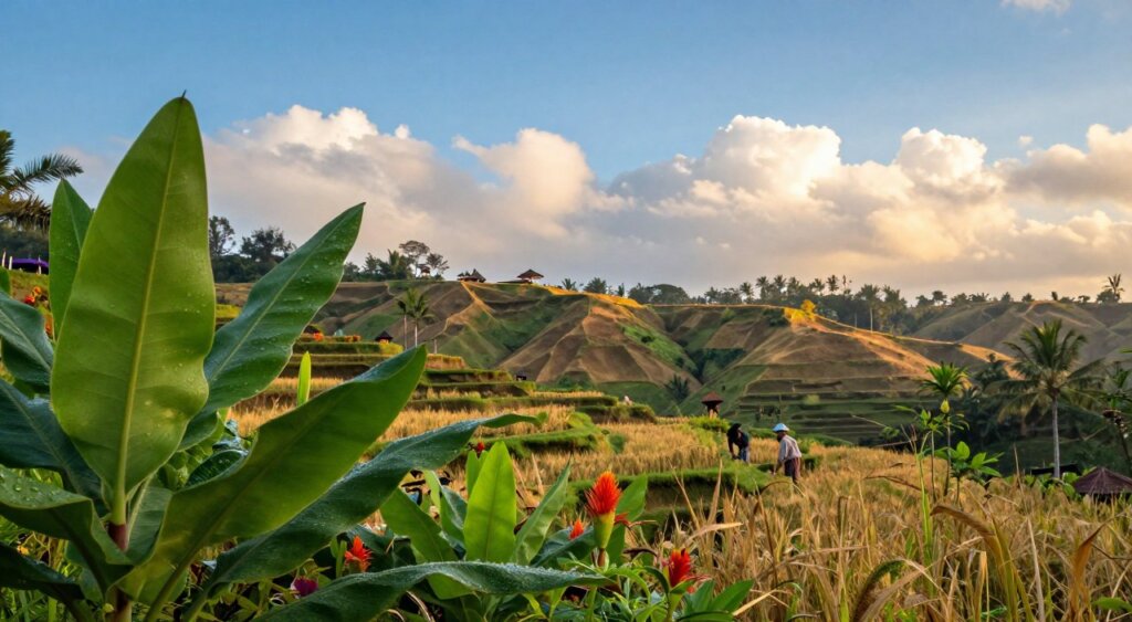 A captivating scene of seasonal transition in Bali, showcasing the lush landscape moving from wet to dry season. In the foreground, vibrant green leaves glistening with moisture from recent rains, interspersed with blooming tropical flowers. The middle ground features gently rolling hills transitioning to drier terrain with patches of golden grass. A traditional Balinese rice terrace hints at the agricultural changes, with farmers in modest clothing tending to their fields. In the background, a clear blue sky emerges as fluffy white clouds begin to part, illuminated by the warm golden light of a setting sun. The atmosphere is serene and hopeful, symbolizing new beginnings and the beauty of shifting seasons, captured with a soft-focus lens to enhance the dreamlike quality of this tropical paradise. A captivating scene of seasonal transition in Bali, showcasing the lush landscape moving from wet to dry season. In the foreground, vibrant green leaves glistening with moisture from recent rains, interspersed with blooming tropical flowers. The middle ground features gently rolling hills transitioning to drier terrain with patches of golden grass. A traditional Balinese rice terrace hints at the agricultural changes, with farmers in modest clothing tending to their fields. In the background, a clear blue sky emerges as fluffy white clouds begin to part, illuminated by the warm golden light of a setting sun. The atmosphere is serene and hopeful, symbolizing new beginnings and the beauty of shifting seasons, captured with a soft-focus lens to enhance the dreamlike quality of this tropical paradise.
