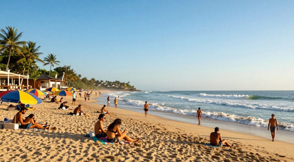 A captivating split-view image showcasing the contrasting beach experiences of Kuta and Seminyak in Bali. In the foreground, depict bustling Kuta beach with lively tourists enjoying sunbathing on golden sands, and surfers catching waves, set under bright, clear blue skies. Include vibrant colorful beach umbrellas and beachgoers in modest casual clothing to capture the lively atmosphere. In the middle ground, illustrate the tranquil Seminyak beach, featuring chic beach clubs and minimalist lounges with stylish decor. The serene waves lap gently against the shore, creating a relaxing vibe. In the background, include distant silhouettes of palm trees swaying in a soft breeze during the golden hour, with warm sunlight casting a soft glow over both beaches, evoking a sense of adventure versus relaxation. The overall mood should be vibrant yet inviting.