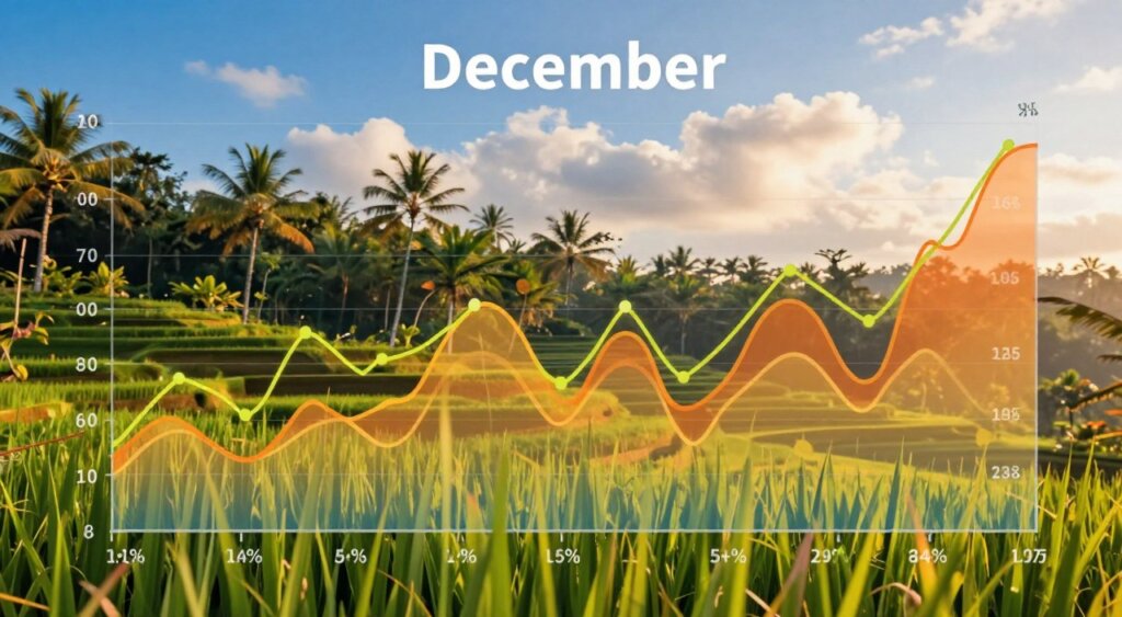 A captivating visualization of temperature and humidity trends for Bali in December. In the foreground, a stylish digital graph illustrates fluctuating temperature lines and humidity percentages, designed with vibrant colors representing warm tropical tones. The middle layer features a lush Bali landscape, showcasing tropical flora and iconic rice terraces, subtly blurred to create depth. In the background, a clear blue sky transitions into soft, wispy clouds, reflecting the typical December weather. The overall lighting is warm and bright, evoking a sunny day. The atmosphere should feel inviting and informative, ideal for travelers planning their perfect trip to Bali. The scene should emphasize a balance between data presentation and the serene beauty of Bali’s environment.