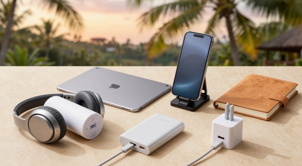 A carefully arranged flat lay showcasing essential tech travel gadgets for solo female travelers heading to Bali. In the foreground, include a stylish portable charger, noise-canceling headphones, a compact travel-sized Wi-Fi hotspot, and a multi-port USB charger. In the middle, display a lightweight tablet and a versatile smartphone holder, with a travel-friendly power bank and high-quality travel journal peeking out. In the background, a soft-focus tropical scene evokes Bali's lush environment, perhaps with palm trees and a sunset sky. Use warm, natural lighting to create an inviting atmosphere, with a shallow depth of field to highlight the gadgets. Aim for a professional photojournalistic quality, reminiscent of National Geographic.